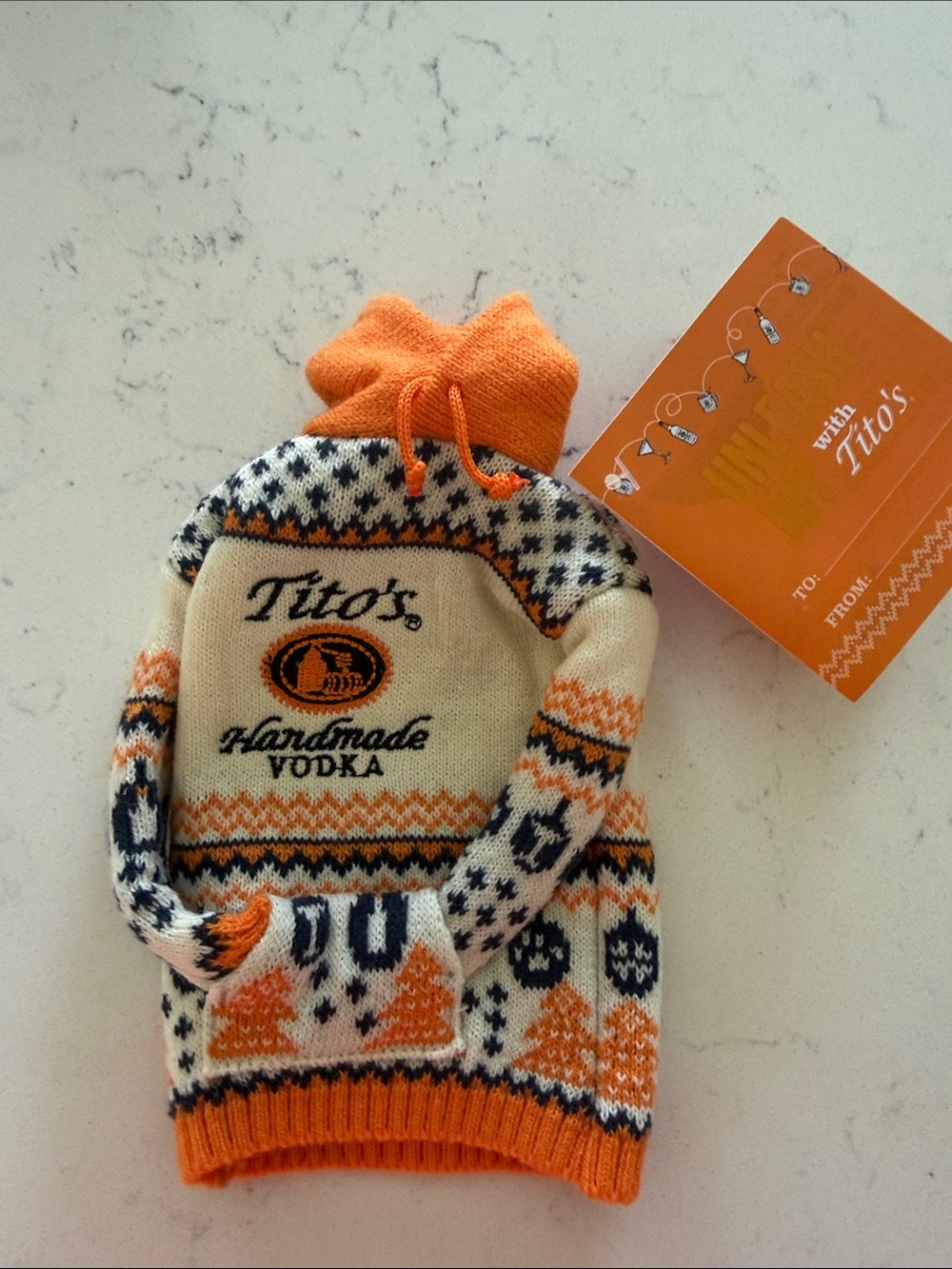 Orange Cream Knit Hoodie Bottle Sweater TITOS VODKA DOG HOLIDAY CHRISTMAS MINI